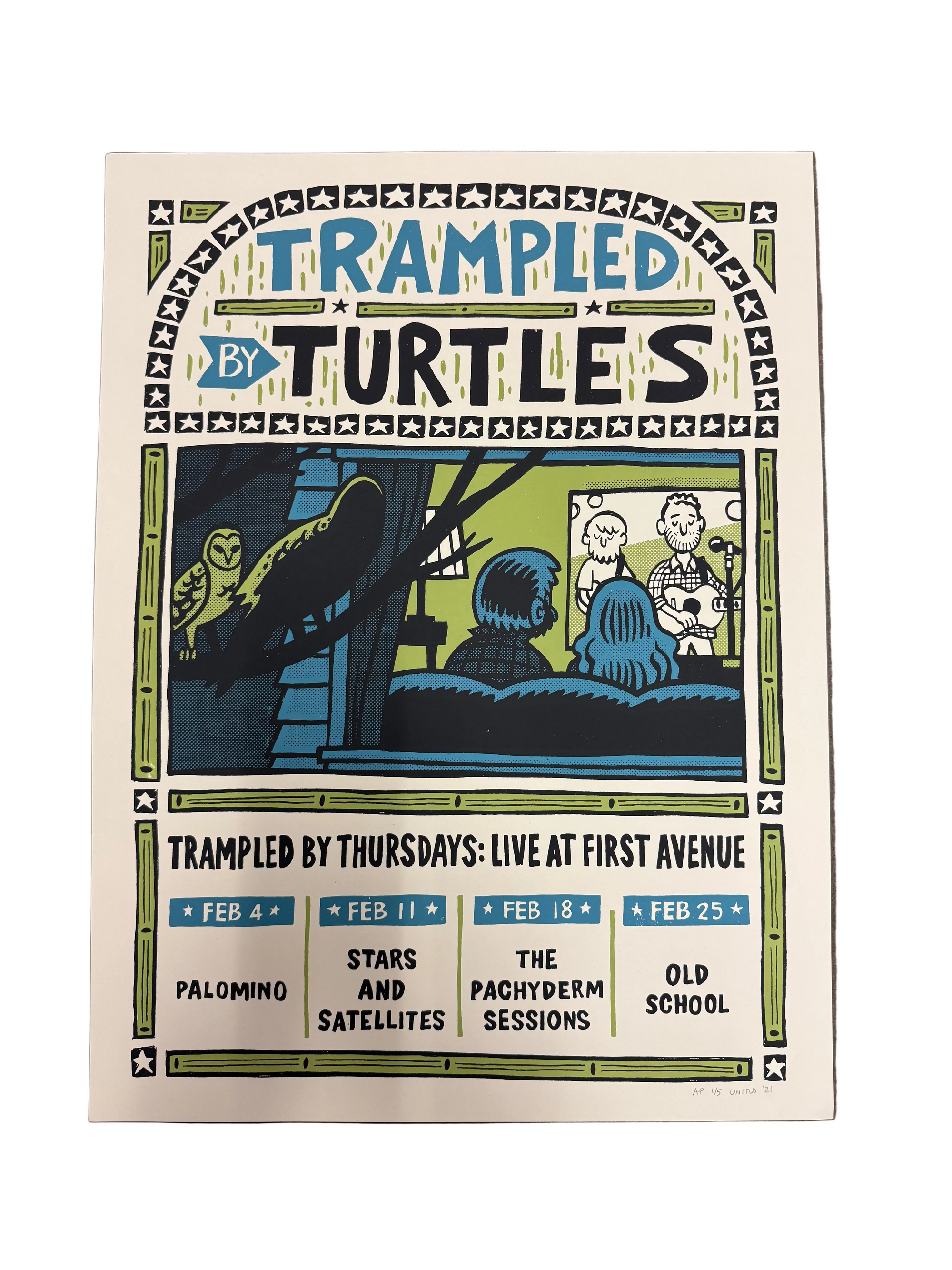 Promotional poster for 'Trampled by Turtles' live performances at First Avenue on a textured brown background.